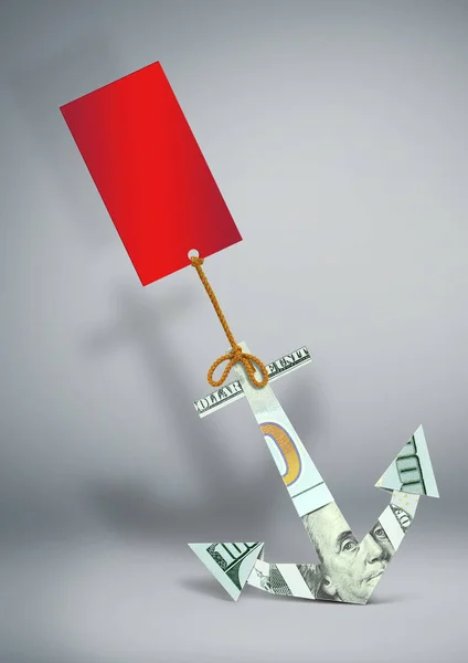 Financiële problemen concept, anker gemaakt van geld met blanco Labe — Stockfoto