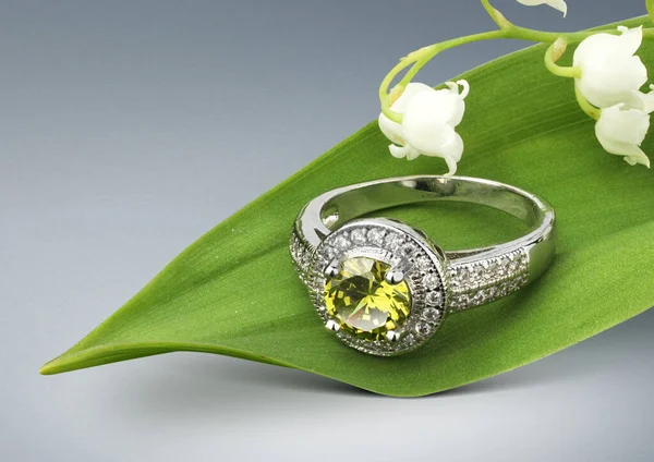 Jewelry Ring Gem Tourmaline Green Leafs Background — Stock Photo, Image