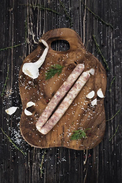 Raw Sausages Garlic Parsley Cutting Board Stock Image