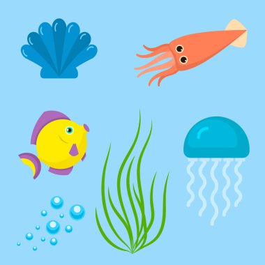 Su komik deniz hayvanları sualtı yaratıklar çizgi film karakterleri kabuk akvaryum sealife vektör çizim ayarla.