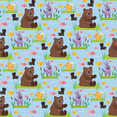 Ayı teddy poz vektör Dikişsiz desen arka plan vahşi kır saçlı şirin illüstrasyon sevimli hayvan tasarımı karakter.