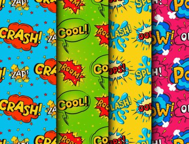 Pop art komik konuşma balonu patlama efektleri vektör patlama patlama iletişim bulut eğlence mizah kitabı sıçrama Dikişsiz desen arka plan illüstrasyon.