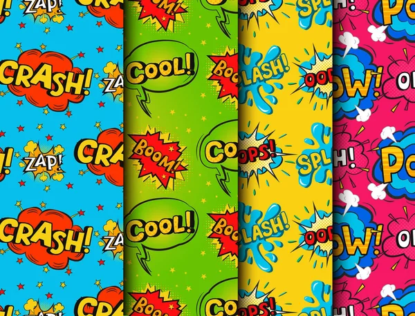 Popart komische toespraak bubble boom effecten vector explosie bang mededeling wolk fun humor boekillustratie splash naadloze patroon achtergrond. — Stockvector