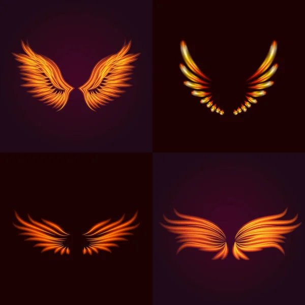 Bird fire wings vector fantasia pena queimando mosca místico brilho fogo queimar quente arte asas ilustração no preto . — Vetor de Stock