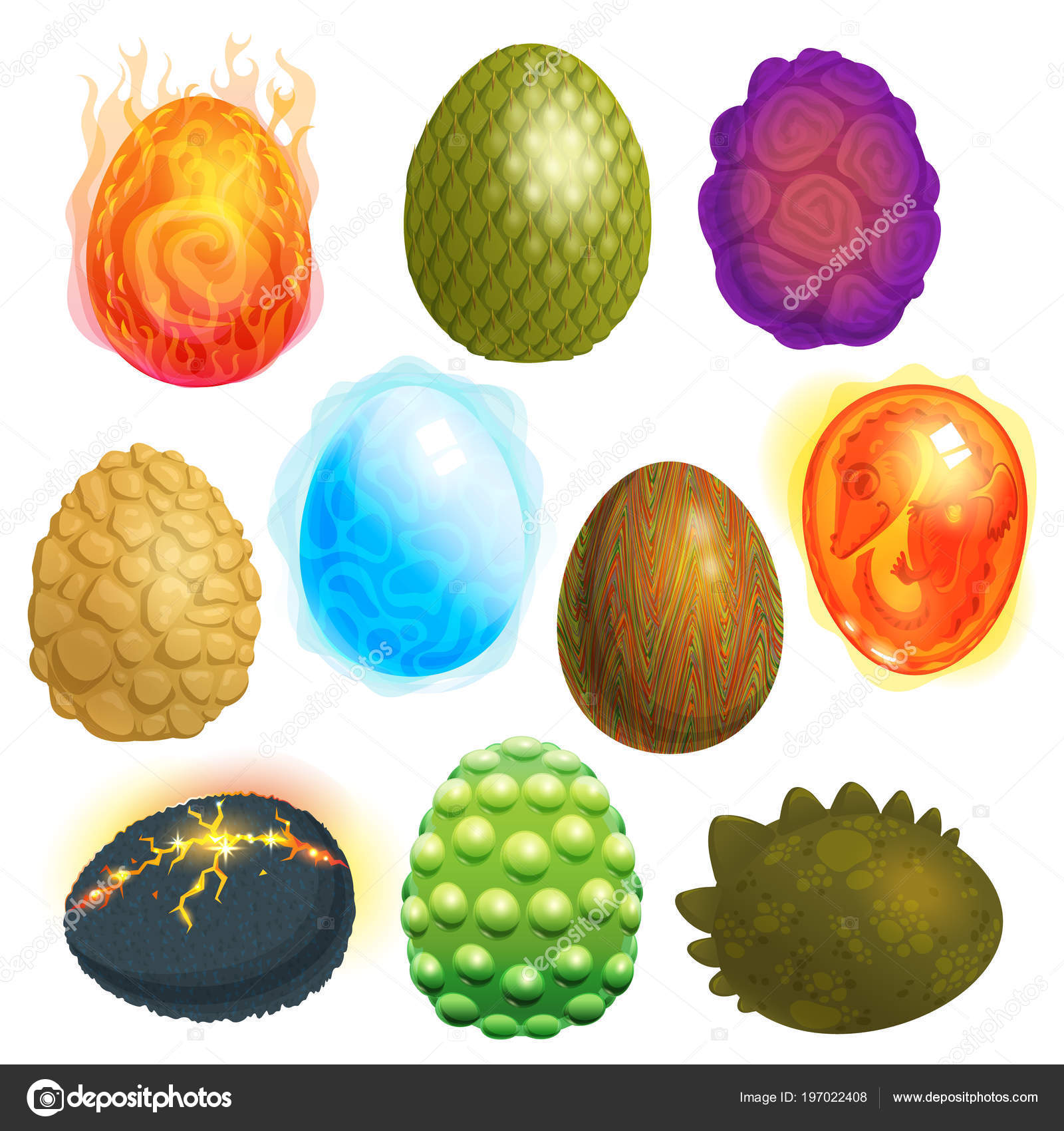 Eggskall fra drageegg og fargerike eggeformede strutsesymboler med  fantasidinosaur egghead isolert på hvit bakgrunn stockvektor ©  vectordreamsmachine #197022408, image size:1600x1700