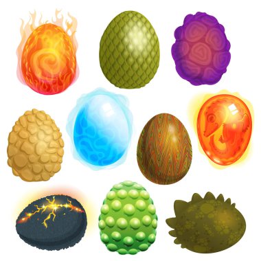 Dragon yumurta karikatür yumurta kabuğu ve renkli yumurta şeklinde Paskalya sembolü şekil kümesi fantezi dinozor yumurta kafa beyaz arka plan üzerinde izole vektör