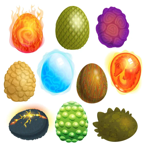龙蛋矢量卡通鸡蛋壳和彩色彩蛋复活节符号插图集白色背景下的梦幻恐龙书 — 图库矢量图片