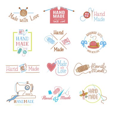 El yapımı logo vektör yün örgü iğne veya dikiş Elişi hobi Atölyesi logo illüstrasyon kümesi yünlü Triko ve beyaz arka plan üzerinde izole handknitting iğne işi etiket örerken