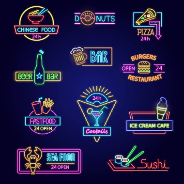 Neon gıda vektör fastfood bira bar veya restoran parlak ışıklı reklam reklam tabela tasarım farklı renklerde arka plan üzerinde izole resimde kümesi