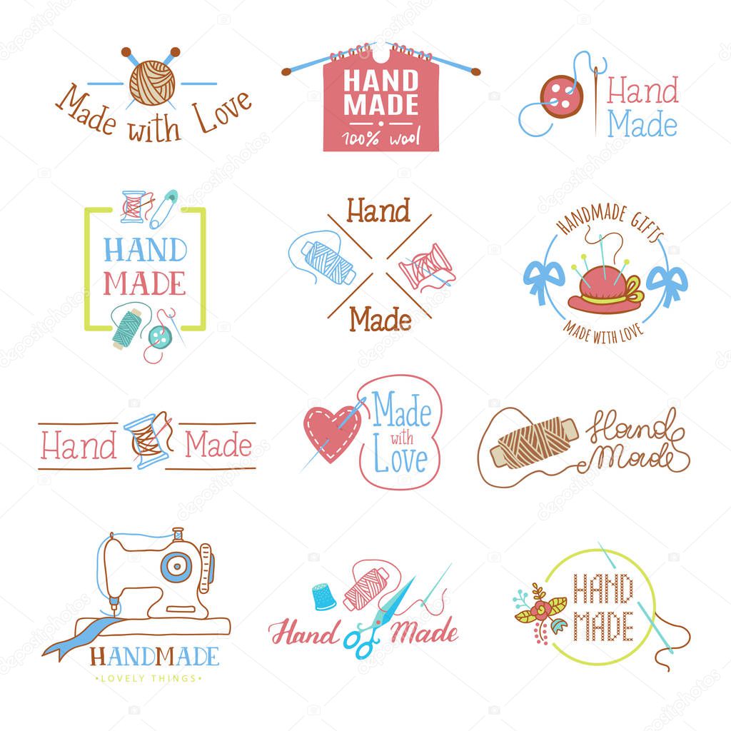 Handmade logo vector wool knitting needles or sewing handcraft hobby workshop logotype illustration set of crocheting woolly knitwear and handknitting needlework label isolated on white background.