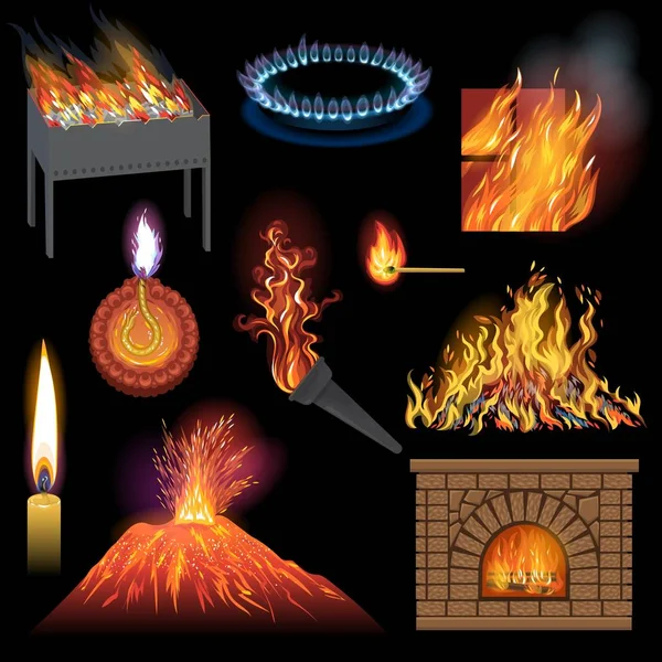 Yangın alev vektör şömine ve yanıcı kamp ateşi resimde ateşli veya flamy set içinde siyah arka plan üzerine izole fener veya aydınlatma flambeau söndürülmesi güç ateş yanan ateş ateş — Stok Vektör