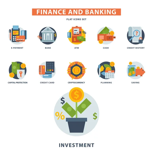 Iconos de vectores finanse dinero seguridad bancaria moneda de negocios tarjeta depósito financiero banco pago ilustración . — Archivo Imágenes Vectoriales