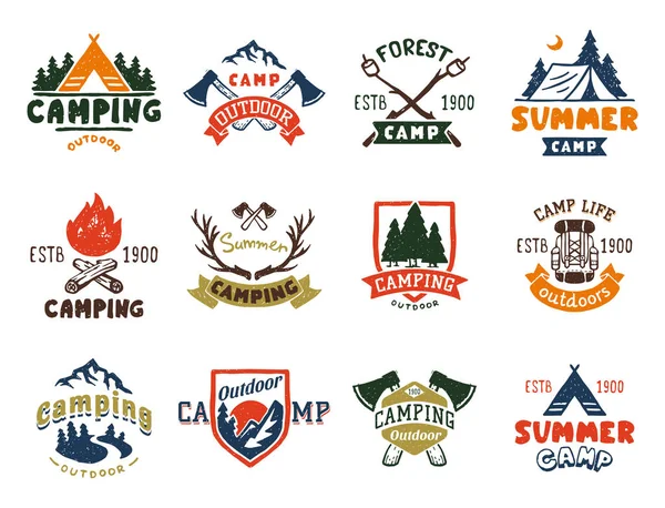 Set of vintage woods camp badges and travel logo hand drawn emblems nature mountain camp outdoor vector illustration.