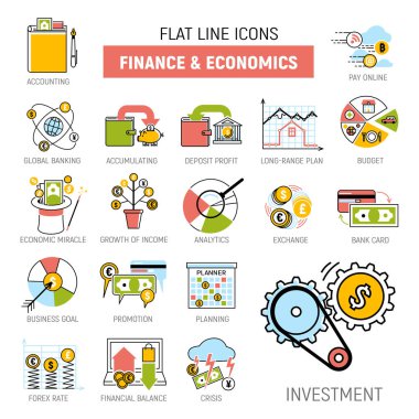 Bankacılık para finansal hizmetler ayarlamak kredi işareti Kalkınma Finans birikimi banka yatırım yönetimi vektör çizim.