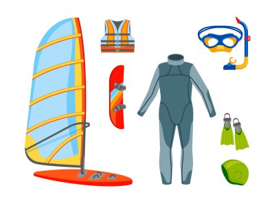 Eğlenceli su aşırı spor kiteboarding sörfçü eğlence deniz etkinliği yaz rekreasyon aşırı vektör çizim yelken.