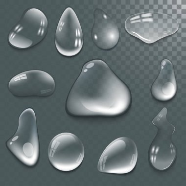 Set vektör çizim ıslak ışık soyut makro taze kabarcık gerçekçi saf ve şeffaf su damlaları.