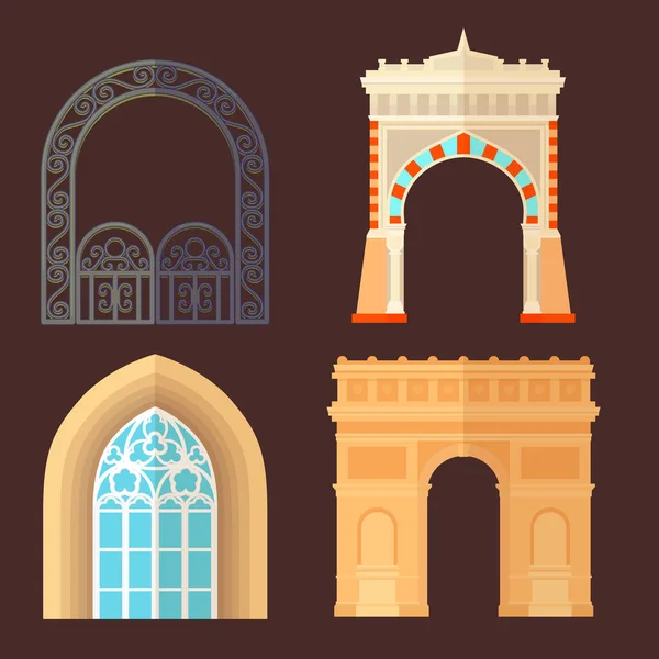 Arco projeto arquitetura construção quadro clássico, coluna estrutura portão porta fachada e portão de construção antiga construção vetor ilustração . — Vetor de Stock