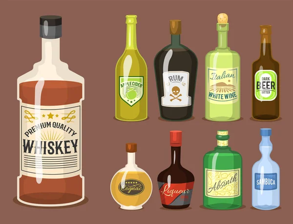 Alcohol strong drinks in bottles cartoon glasses whiskey cognac brandy wine vector illustration Royalty Free Stock Vectors