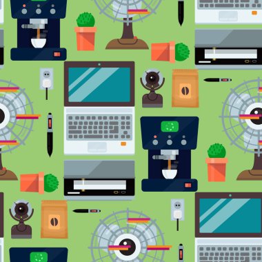 Bilgisayar office ekipman teknik becerikli alet Dikişsiz desen arka plan iletişim aygıtı laptop monitör yazıcı klavye kamera vektör çizim.