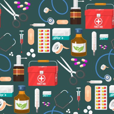 Tıp aletleri doktor araçları ilaç Dikişsiz desen arka plan karikatür tarzı ilaç hastane sağlık tedavi vektör çizim.