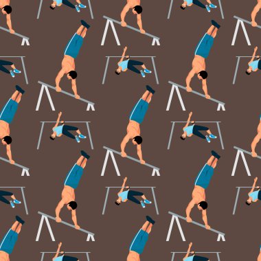Kas fitness spor karakter Dikişsiz desen arka plan vektör çizim çekerek yatay yapamadın güçlü atlet adam jimnastik salonu egzersiz sokak iş bar tricks.