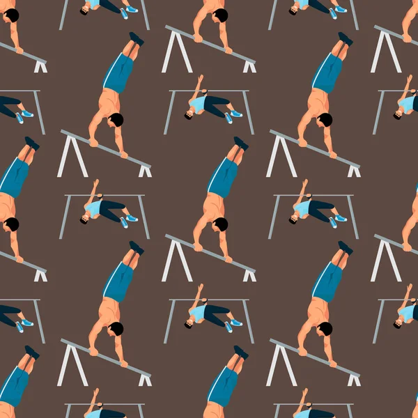 Vodorovný pruh shyby silný atlet muž tělocvičně cvičení pouliční cvičení triky svalová fitness sport vyhrnula charakter vzor bezešvé pozadí vektorové ilustrace. — Stockový vektor