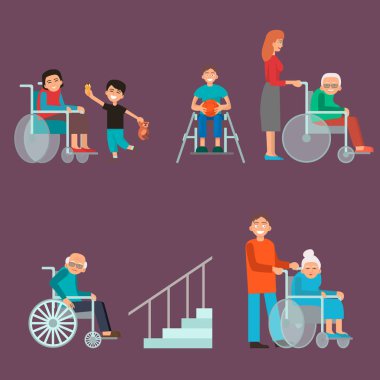 Engelli çeşitli engellilere tekerlekli sandalye geçersiz kişi yardım sakatlık karakterleri devre dışı bırak tıbbi yardım illüstrasyon vektör.