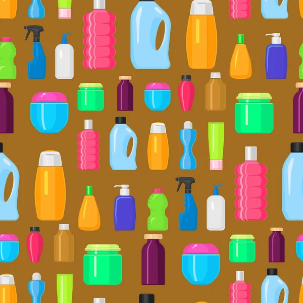 Flaskor vektor hushållskemikalier leveranser städning hushållsarbete tvättmedel flytande inhemska flytande plastflaska renare pack seamless mönster bakgrund illustration. — Stock vektor
