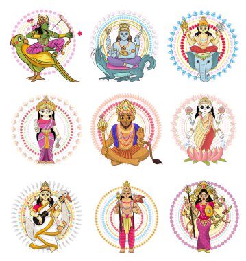 Hint tanrısı vektör Tanrıça ve tanrısal Idol Ganesha Hindistan illüstrasyon küme beyaz arka plan üzerinde izole Asya dindar din Hinduizm Tanrı katına
