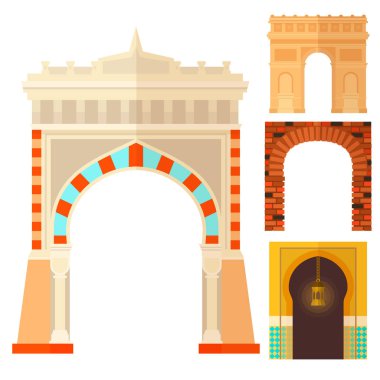 Tasarım mimarlık inşaat çerçeve klasik, sütun yapısı kapı kapı cephe ve tarihi yapılar/Mimariler vektör çizim bina ağ geçidi kemer.