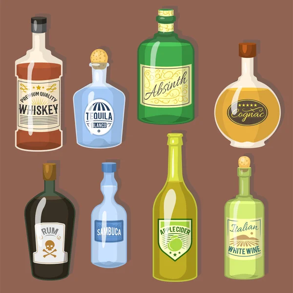 Erős alkohol ital palackok rajzfilm pohár whiskey konyak brandy bor vektor illusztráció — Stock Vector
