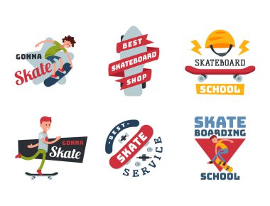 Kaykaycılar insanlar hileler siluetleri spor rozet aşırı eylem etkin kaykay kentsel genç atlama kişi vektör çizim.