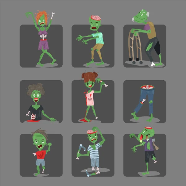 Bunt Zombie beängstigend cartoon karten halloween magie menschen körper spaß gruppe niedlich grün charakter teil monster vektor illustration. — Stockvektor