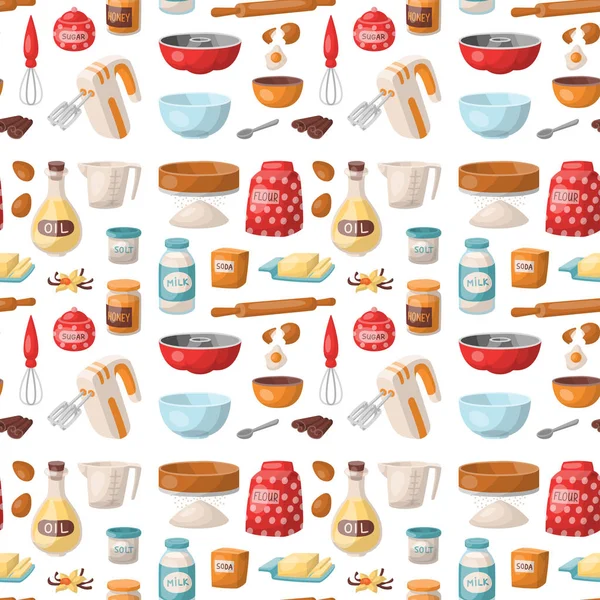 Bakken gebak bereiden ingrediënten keuken kookgerei zelfgemaakte voedsel bereiding baker naadloze patroon achtergrond vectorillustratie. — Stockvector