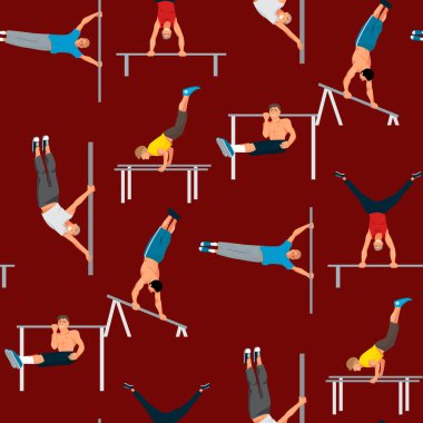 Kas fitness spor karakter Dikişsiz desen arka plan vektör çizim çekerek yatay yapamadın güçlü atlet adam jimnastik salonu egzersiz sokak iş bar tricks.
