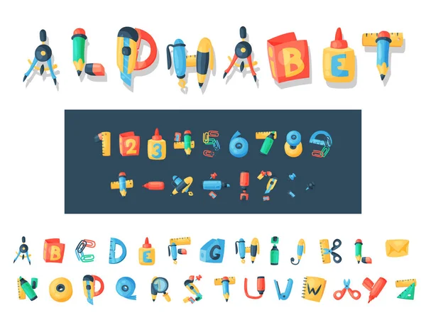 Alfabetletters briefpapier vector abc lettertype alfabetische pictogrammen office voorzieningszekerheid en school tools accessoires voor onderwijs potlood of pen alfabetisch geïsoleerd op de achtergrond afbeelding — Stockvector