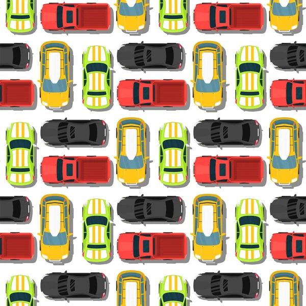 Von Oben Bunte Auto Spielzeug Nahtlose Muster Hintergrund Pickup Automobil — Stockvektor
