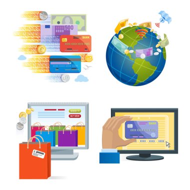 Smartphone hareket e-ticaret cüzdan kablosuz bağlantı online ödeme kredi kartı alışveriş bankacılık mobil ödeme simgeler vektör.