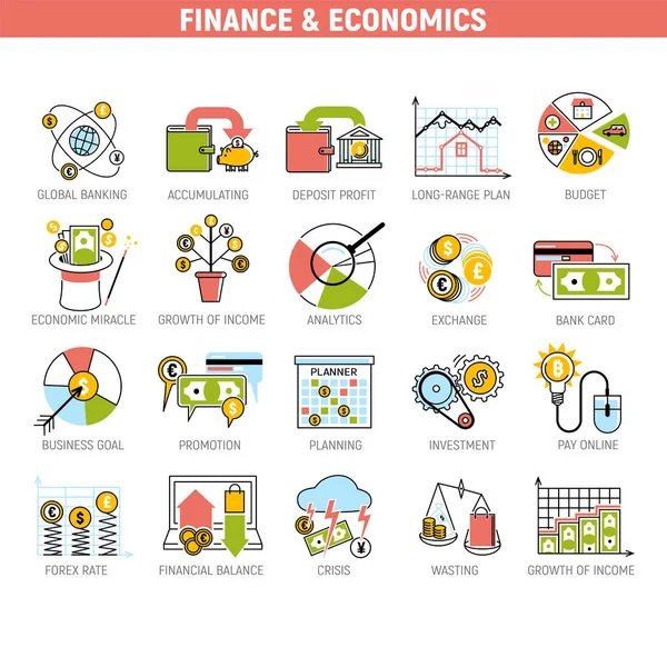 Dinheiro de serviços financeiros bancários definir crédito sinal desenvolvimento Finanças acumulação banco investimento gestão ilustração em vetor. —  Vetores de Stock