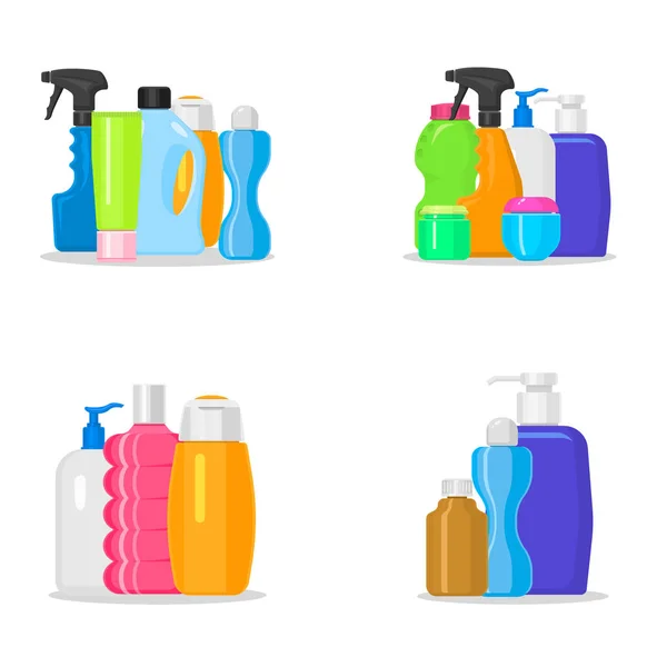 Bottles vector household chemicals supplies and cleaning housework plastic detergent liquid domestic fluid bottle cleaner pack illustration. — Stock Vector