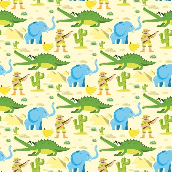 Seamless animal pattern wildlife reptile background with circus elephant crocodile characters vector illustration