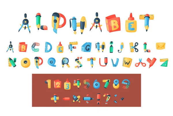 Letras de papelaria alfabeto vetor abc fonte ícones alfabéticos de material de escritório e ferramentas escolares acessórios para a educação lápis ou caneta alfabeticamente isolado em fundo ilustração — Vetor de Stock