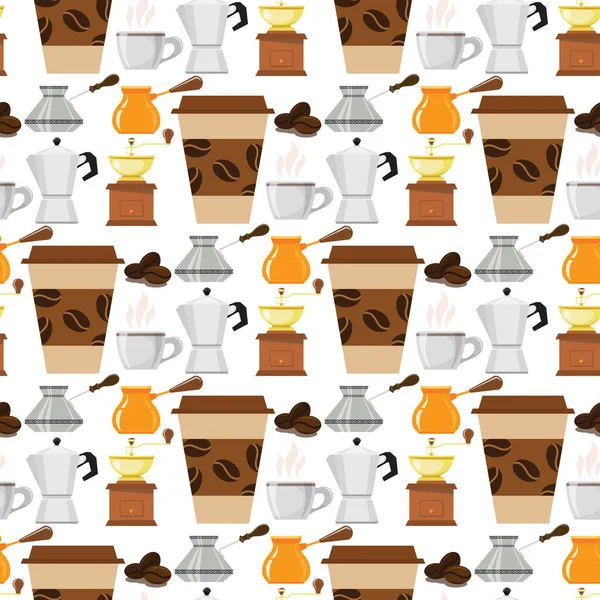 Tasse de café cafetière motif sans couture fond vecteur texture boisson nourriture illustration . — Image vectorielle