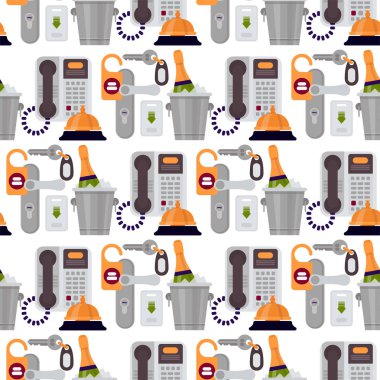 Otel kişisel profesyonel hizmet nesneleri çift yardım hostel araçları Dikişsiz desen arka plan vektör çizim.