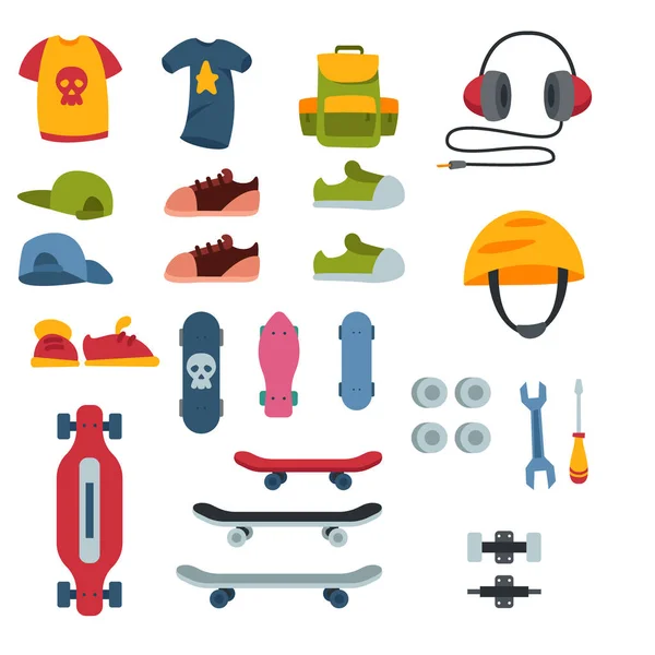 Skateboarder actieve sport tools extreme buiten actieve skateboarden stedelijke springen trucs iconen vector illustratie. — Stockvector