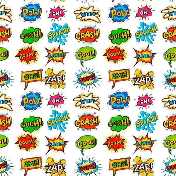 Pop art quadrinhos discurso bolha boom efeitos vetor explosão bang comunicação nuvem humor divertido livro splash sem costura padrão fundo ilustração . — Vetor de Stock