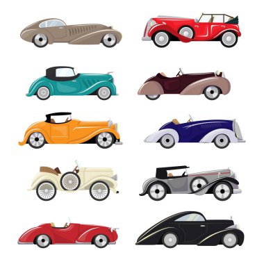 Art deco araba vektör retro lüks oto taşıma ve art-deco modern otomobil illüstrasyon kümesi eski Otomotiv araç izole CITYCAR üzerinde beyaz arka plan illüstrasyon