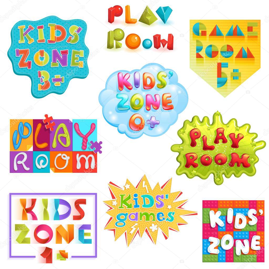 Game room vector kids playroom banner in cartoon style for children play zone decoration illustration set of childish lettering label for kindergarten decor isolated on white background.