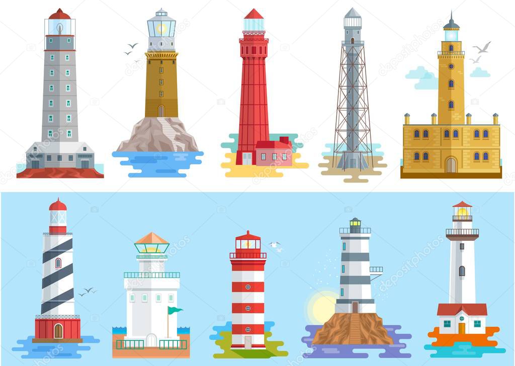 Lighthouse vector beacon lighter beaming path of lighting to ses from seaside coast illustration set of lighthouses isolated on white background