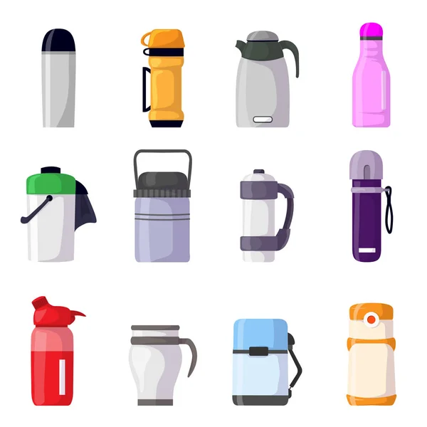 Frasco de vácuo vetorial Thermos ou garrafa com bebida quente café ou chá ilustração conjunto de recipiente de metal ou caneca de alumínio ou copo isolado no fundo branco — Vetor de Stock